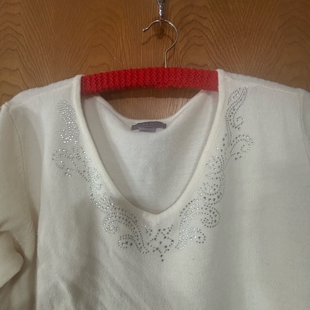 Laura Scott Cream V Neck and Embellished Sweater